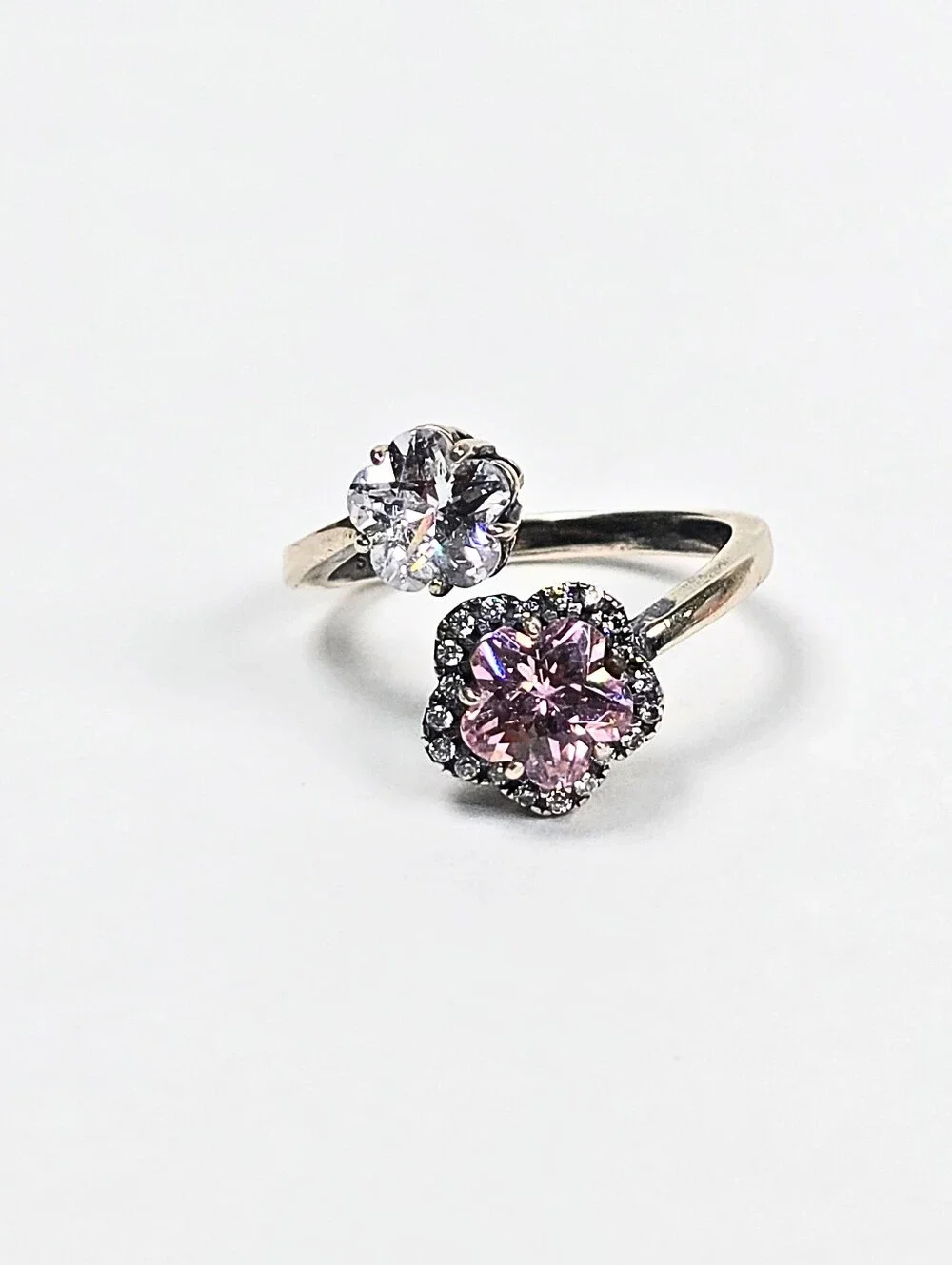 925 Sterling Silver Adjust 7-8 Dual Flower Ring Pink & Clear CZ Open Band Floral
